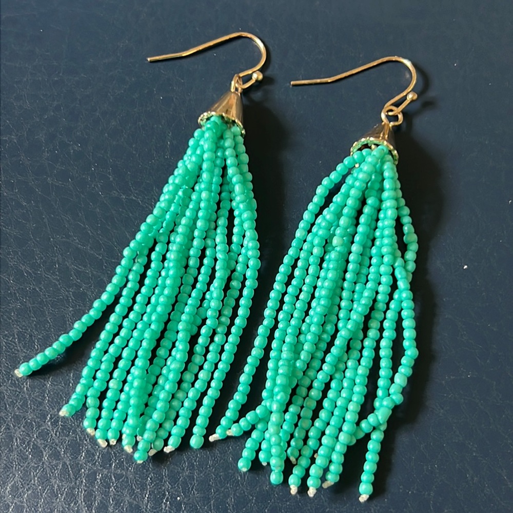 Teal beaded tassel earrings